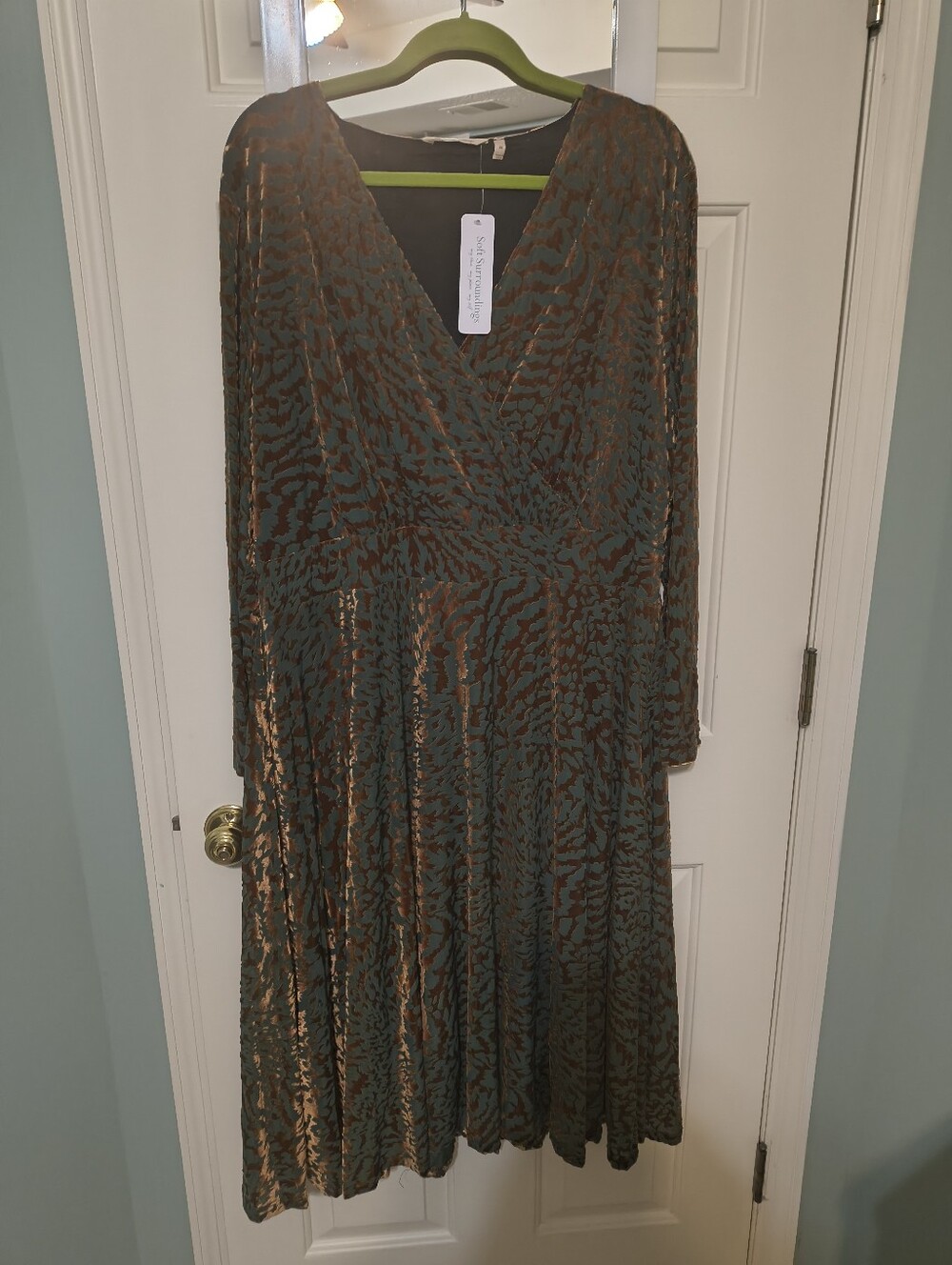 Soft Surroundings Women's V-Neck Long Sleeve Printed Midi Dress  Green and Brown